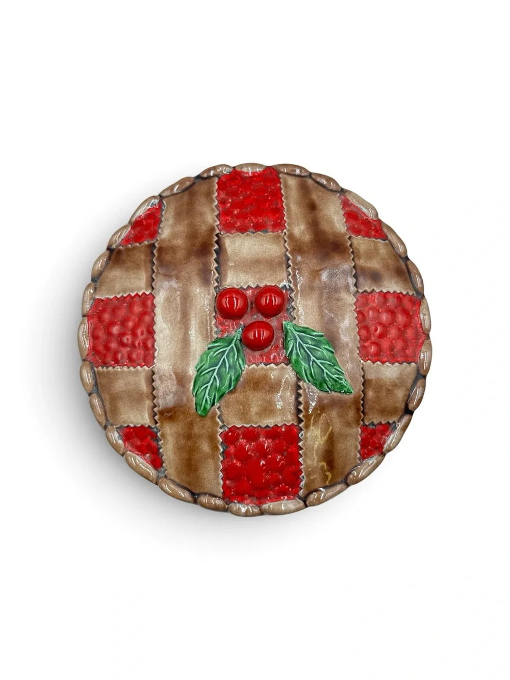 Vintage Portugal Ceramic Cherry Pie Keeper Covered Dish Cottagecore 11”